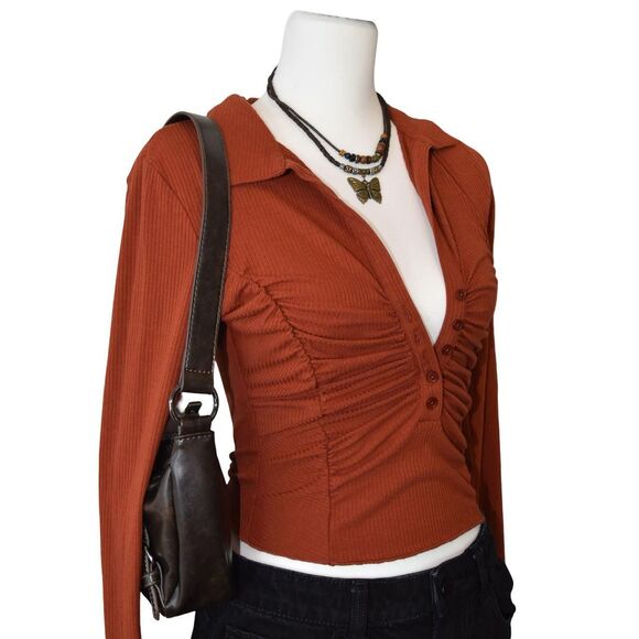 Urban Outfitters Coquette Soft Sultry Ruched Top Rust Brown Sz M Y2K - Picture 3 of 7